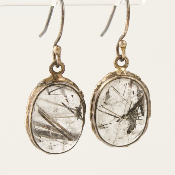 Vintage Black Rutilated Quartz Dangle Earrings 925 Sterling Silver Oval Cabochon